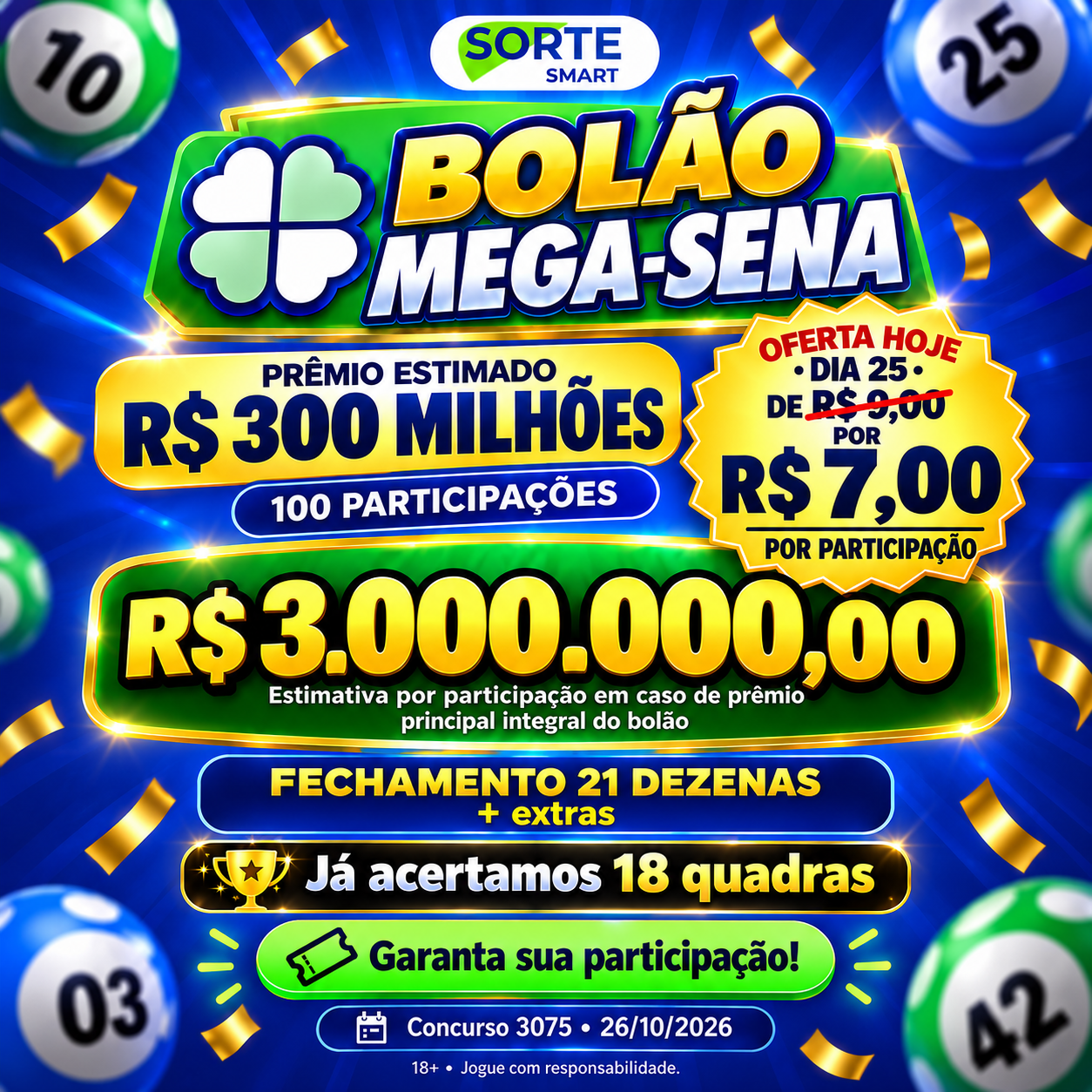 Bolão Mega-Sena 3075 --->R$ 300 MILHÕES 💰💰💰 26/10/2026