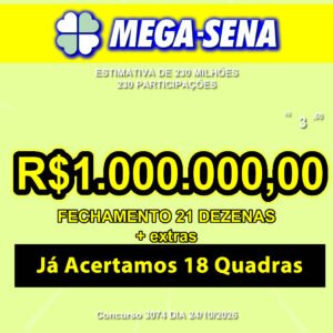 Bolão Mega-Sena 3074 --->R$230 MILHÕES HOJE!!!! 💰💰💰 24/10/2026